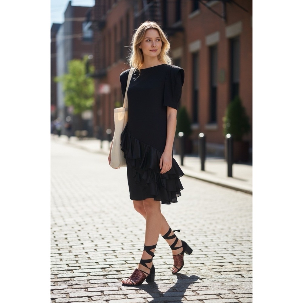 Vintage‎ 1980's BILL BLASS EVENING 8 Asymmetrical Black Dress Satin Ruffles Goth